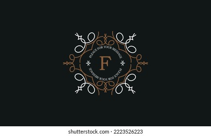 Modern vector logo with letter F. Luxurious elegant ornament. Design examples for cafes, hotels, jewelry, fashion, restaurant