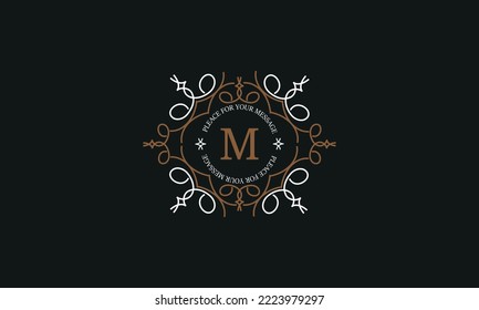 Modern vector logo with letter M. Luxurious elegant ornament. Design examples for cafes, hotels, jewelry, fashion, restaurant