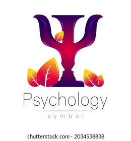 Modern Vector logo of Psychology Letter Psi with Leaves in Creative style. Logotype in vector. Design concept. Brand company. Violet color on white background.