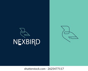 Modelo de logotipo vetorial moderno com uma ilustração de pássaro de arte de linha minimalista emparelhado com tipografia limpa. Perfeito para start-ups, marcas de tecnologia, plataformas de mídia social ou produtos digitais modernos.