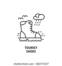 Modern vector logo for tourist shoes isolated on white. Design concept for hiking tourism and shoes shop in line style