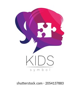 Modern Vector logotype Girl head with Puzzle inside brain in Violet Pink Color . Logo sign of Psychology. Profile Human. Creative style. Symbol in vector. Design concept.