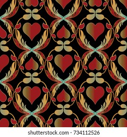 Modern vector love hearts seamless pattern. Colorful damask background. Floral  wallpaper with paisley flowers, swirl leaves, love hearts, baroque ornaments. Bright texture for print, textile, cloth