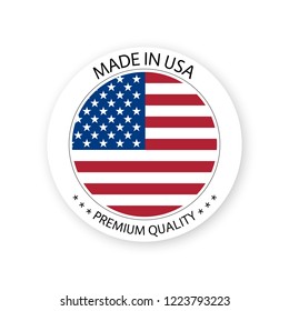 Modern vector Made in USA label isolated on white background, simple sticker with American colors, premium quality stamp design, flag of USA 