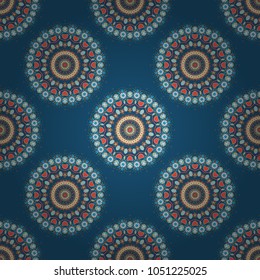 Modern vector mandalas design for print on card paper, fabric poster, carpet or book cover. Colorful tones. Abstract luxury and elegant seamless pattern in popular blue, orange and white colors.
