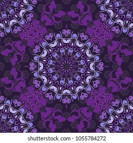 Modern vector mandalas design for print on card paper, fabric poster, carpet or book cover. Colorful tones. Abstract luxury and elegant seamless pattern in popular violet, gray and purple colors.