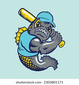 Modern vector mascot baseball team logo emblem  hand drawn mascot fish baseball  t  shirt design 
