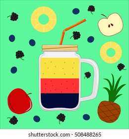 Modern vector mason jar with fresh apples and berries smoothie mix.