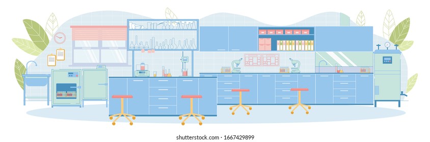 Modern Vector Medical Laboratory Empty Interior with Funnel, Washbasin, Wall Mounted Furniture, Drawers, Microscope, Test Tube, Flask with Liquid, Prescription, Sterile Container, Glassware