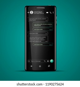 Modern vector mobile phone illustration with future cyber chat screen app, messaging template. Social network, chatting and messaging concept