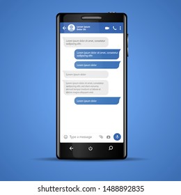 Modern vector mobile phone illustration with chat screen app, messaging template. Social network, chatting and messaging concept