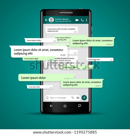 Modern vector mobile phone illustration with chat screen app, messaging template. Social network, chatting and messaging concept