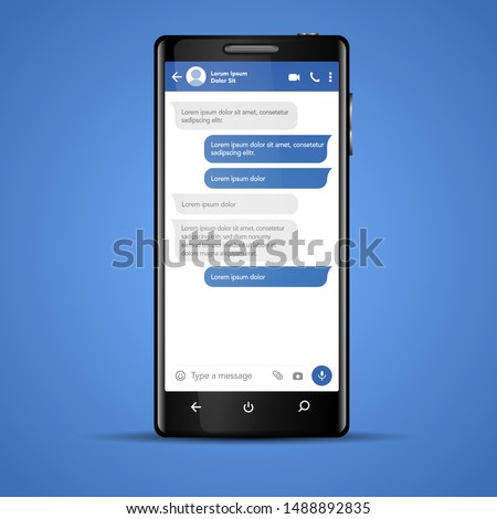 Modern vector mobile phone illustration with chat screen app, messaging template. Social network, chatting and messaging concept