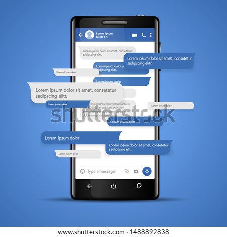 Modern vector mobile phone illustration with chat screen app, messaging template. Social network, chatting and messaging concept