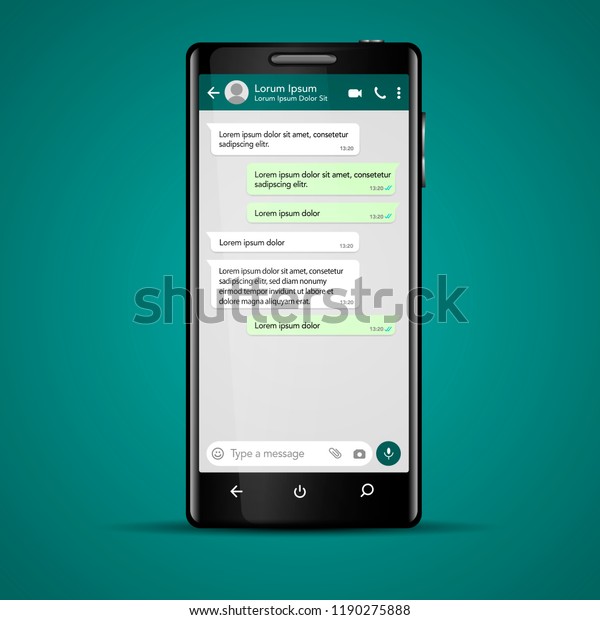 Modern vector mobile phone illustration with chat\
screen app, messaging template. Social network, chatting and\
messaging concept