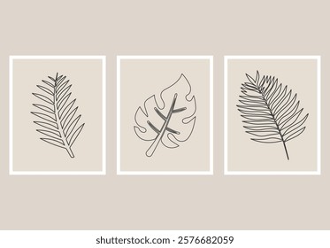 Modern vector monstera leaf and palm tree leaves, aesthetic contour. Perfect for home decor such as posters, wall art, tote bag or t-shirt print, sticker, mobile case