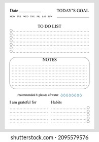 Modern vector monthly planner printable template with blue ellements. Collection of weekly or daily planner, note paper, to do list, stickers templates. Blank white notebook page A4. Classic planner