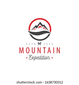 modern vector mountain with a unique mountain and wrapped in a circle with lines like water and an elegant font combination.