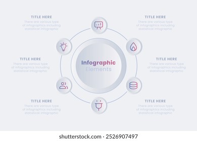 Modelo de design infográfico neumórfico vetorial moderno. Gráfico em forma de anel com 6 etapas do ciclo de fabricação.