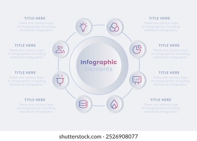 Modelo de design infográfico neumórfico vetorial moderno. Gráfico em forma de anel com 8 etapas do ciclo de fabricação.