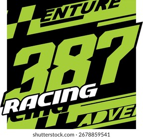 Modern vector number 387 green and text RACING, sticker print design concept, abstract background.
