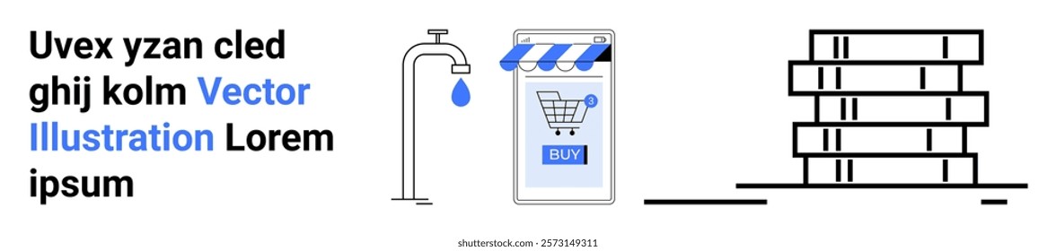 A modern vector of an online shopping cart on a smartphone next to a water faucet and a stack of pallets. Ideal for e-commerce, water conservation, logistics, technology, and sustainability. Banner