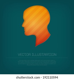 Modern vector orange human head icon with bright colorful striped background. Cut out style with inner shadow.