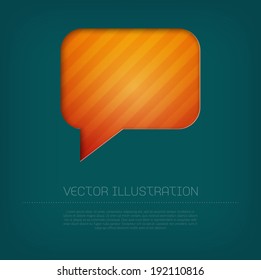 Modern vector orange rectangular speech bubble icon with bright colorful striped background. Cut out style with inner shadow.