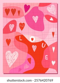 Modern vector organic geometric shapes pink and red greeting card, poster with hearts and hand written text love, creative Valentine's Day design