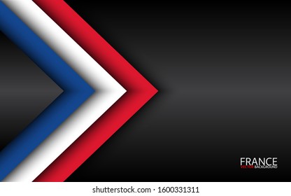 Modern vector overlayed arrows with French colors and grey free space for your text, overlayed sheets of paper in the look of the French flag, Made in France, abstract widescreen background