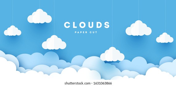 Modern Vector paper clouds and balloons. illustration. Cute cartoon fluffy clouds. Pastel colors. Origami style