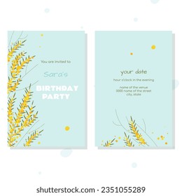 Carta de invitación vectorial moderna con flores mimosa. Diseño plano