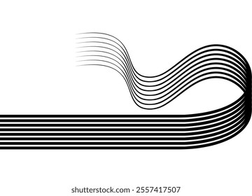 Modern vector pattern of black parallel lines on a white background in retro style. Striped black ribbon. Design element. Abstract hair.