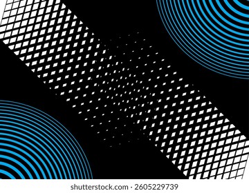 Modern vector pattern with blue rings and white abstract pixels on a black background. Vector background for covers, postcards, packaging. Technological style. Thin lines
