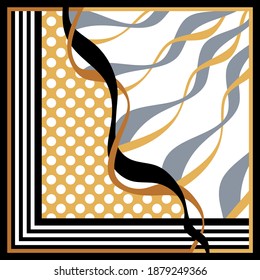 Modern vector pattern with polka dots, wavy striped backgrounds.Vector patch for print, fabric, scarf design.