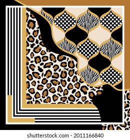 Modern vector pattern with polka dots, striped, zebra backgrounds..Vector patch for print,fabric,scarf design.