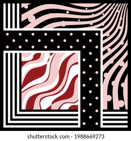 Modern vector pattern with wavy,  striped, polka dot background. Vector patch for print, fabric, scarf design.