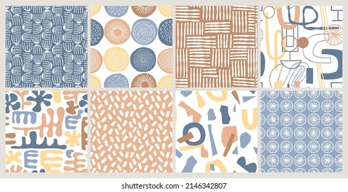 Modern vector patterns collection with abstract, geometric and natural motifs. 50s, 60s, 70s stylish seamless backgrounds for fabrics, textiles, wallpaper, etc.