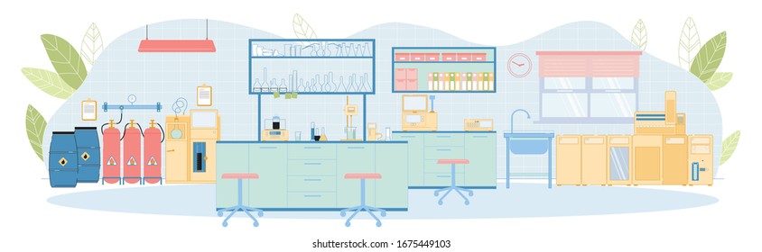 Modern Vector Petrochemical Laboratory Empty Interior with Wall Mounted Furniture, Three Cylinder Gas System, Oil Distillation Apparatus, Sticker, Cloud Point Analyzer, Abrasimeter, Glassware