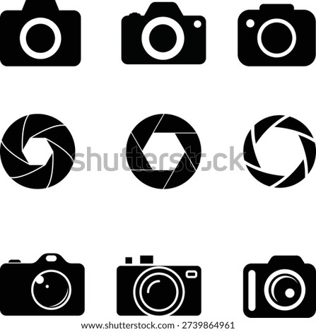 Modern vector photography icon set collection featuring various camera, lens, and aperture designs