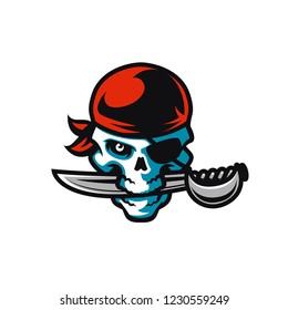 Modern Vector Pirate Skull In Bandana With Sable In Teeth Sports Logo Mascot