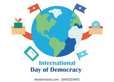 Modern vector of planet Earth wrapped in a voting ribbon, surrounded by icons of voting booths, handshakes, and human rights. Ideal for democracy, election, or global unity themes. White background.