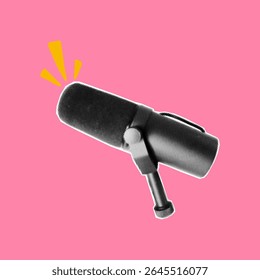 Modern vector podcast cover with microphone. Halftone dotted texture, collage paper cutout element for a bold punk effect, pink.
