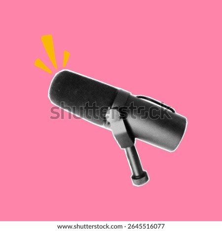Modern vector podcast cover with microphone. Halftone dotted texture, collage paper cutout element for a bold punk effect, pink.