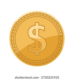Vector moderno de una moneda de dólar de oro pulido con el símbolo de $ en relieve y el borde detallado, sobre un fondo azul profundo, que simboliza la riqueza, los ahorros y las finanzas.