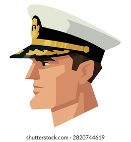 Modern vector portrait of ships officer in white navy captain hat suitable for poster cover and maritime themes