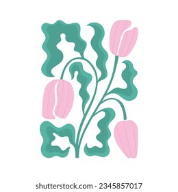 Modern vector poster, wall art with abstract tulips, leaves. Trendy flower ornament.