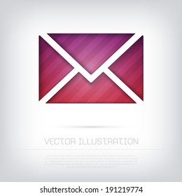 Modern vector purple e-mail envelope icon with bright colorful striped background. Cut out style with inner shadow.