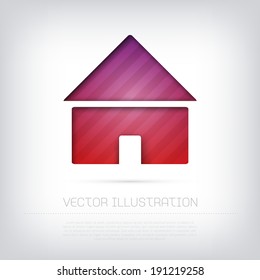 Modern vector purple home icon with bright colorful striped background. Cut out style with inner shadow.