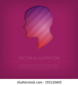 Modern vector purple human head icon with bright colorful striped background. Cut out style with inner shadow.